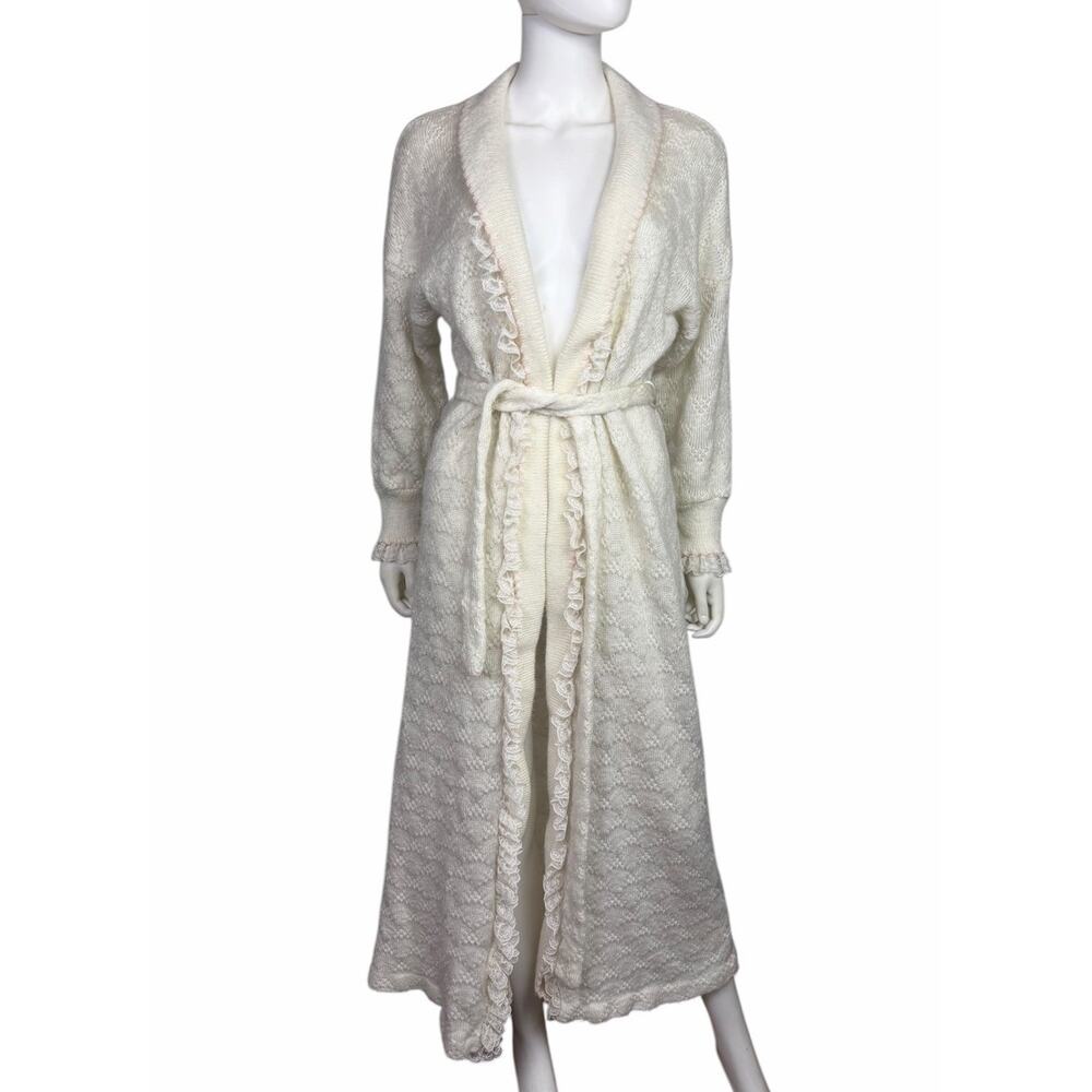 Vtg Christian Dior Women's O/S Ivory Knit Ruflfle Lace Long Cardigan Robe EUC